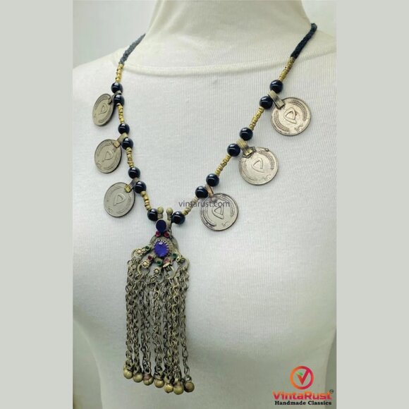 Coins and Beads Chain Necklace: Tribal Handmade Afghan Pendant - Picture 4 of 7